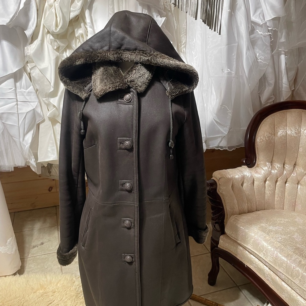 Danier brown leather lined hooded coat